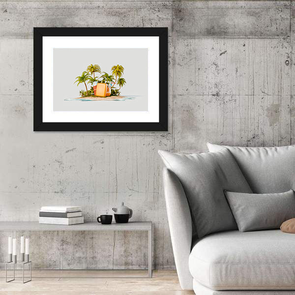Tropical Island with Bright Orange Suitcase Canvas Wall Art