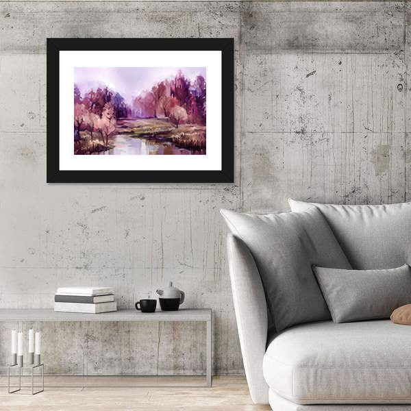 Autumn Forest Lake in Lavender Hues Canvas Wall Art