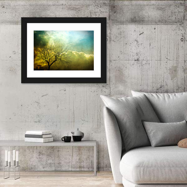Grunge Leafless Tree with Backlit Clouds Canvas Wall Art