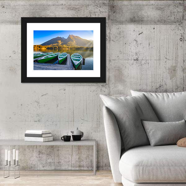 Green Rowboats on Mountain Lake Canvas Wall Art