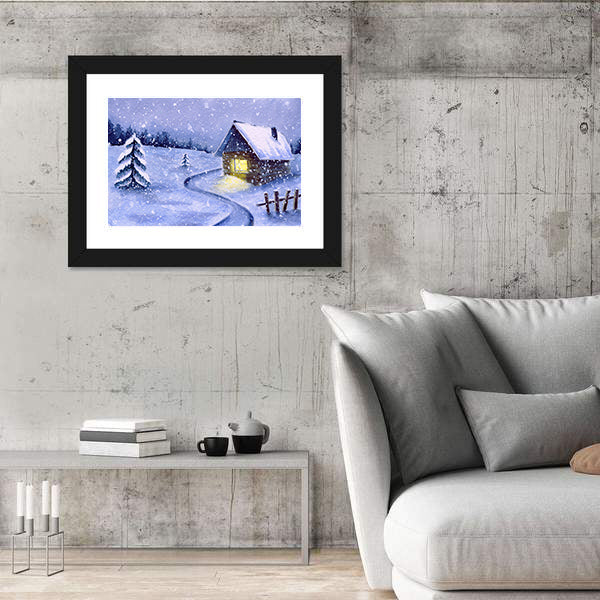 Snowy Cabin with Winding Path Canvas Wall Art