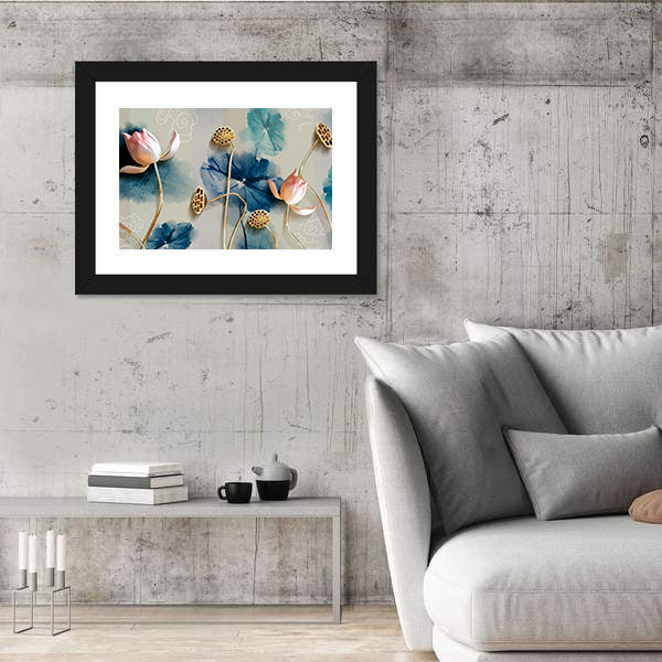 Lotus Garden Illustration with Gold Accents Canvas Wall Art