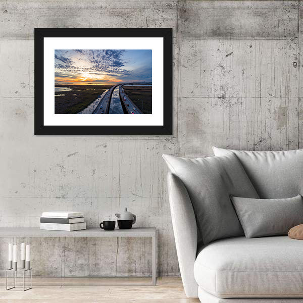 Sunset Over Highway Bridge Canvas Wall Art