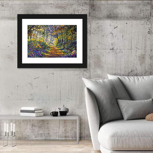 Sunlit Forest Path with Wildflowers Canvas Wall Art