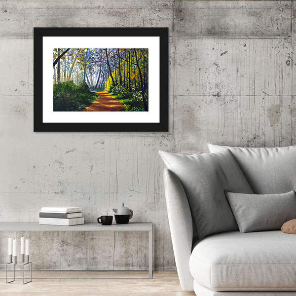 Sunlit Forest Path in Park Canvas Wall Art