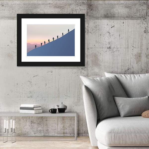 Roped Mountaineers on Slanted Blue Slope Canvas Wall Art