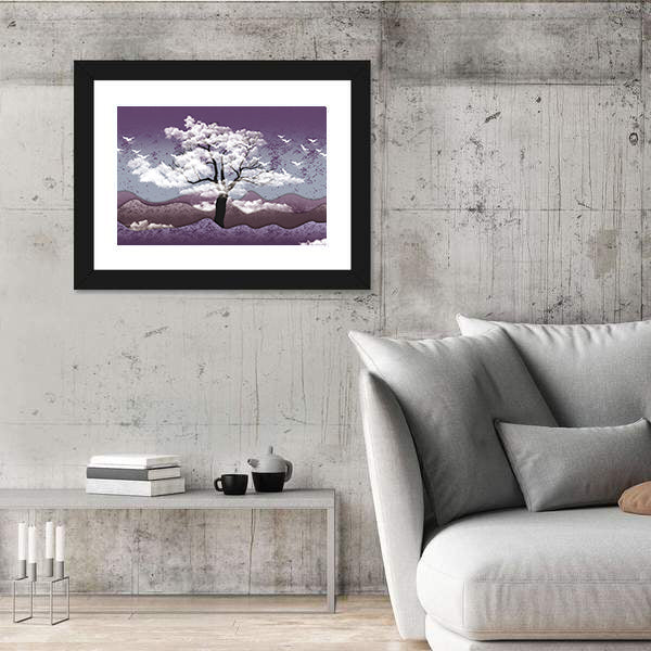 Cloud-leaf Tree Over Misty Lavender Hills Canvas Wall Art