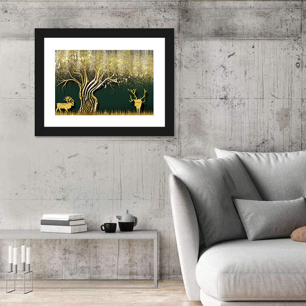 Abstract Golden Tree and Deer Silhouettes Canvas Wall Art