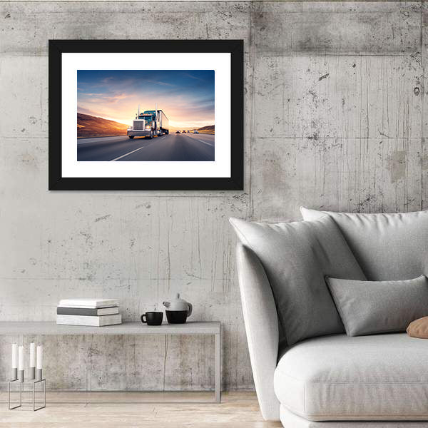 American Style Truck On Freeway Pulling Load Canvas Wall Art