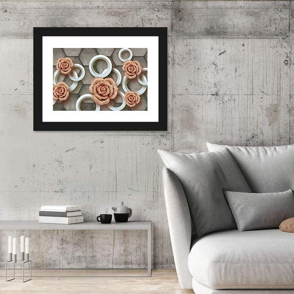 Rose-gold Roses on 3d Tiles Canvas Wall Art