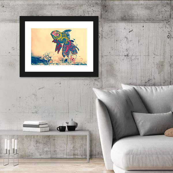 Grunge Goldfish with Ornate Floral Patterns Canvas Wall Art