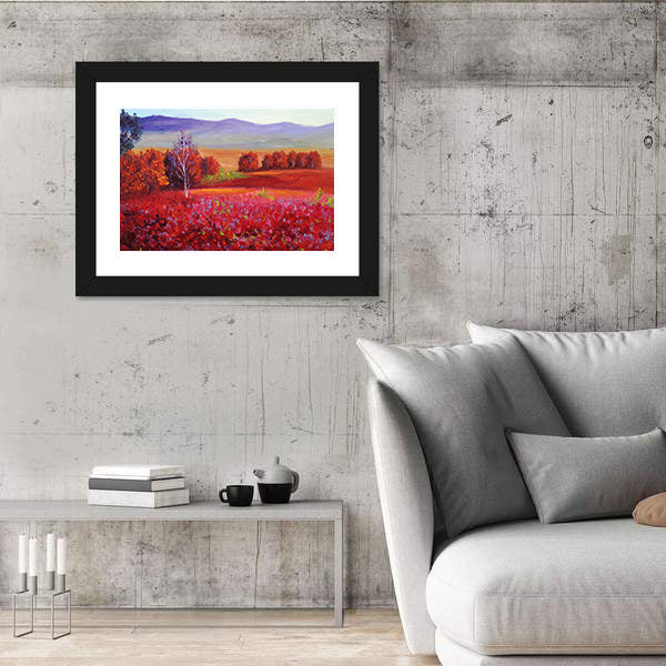 Red Flower Field with White Birch Canvas Wall Art