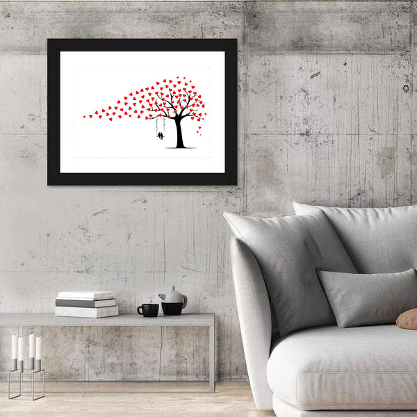 Tree with Heart Leaves and Couple on Swing Canvas Wall Art
