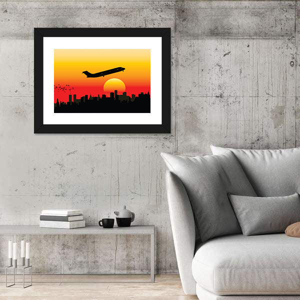 Passenger Jet Silhouette at Sunset Canvas Wall Art