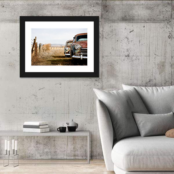 Rusty Vintage Cars in Rural Field Canvas Wall Art