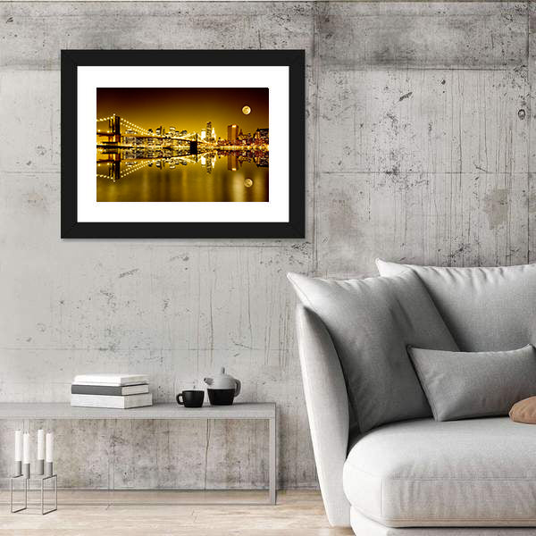 Moonlit Brooklyn Bridge and Lower Manhattan Canvas Wall Art