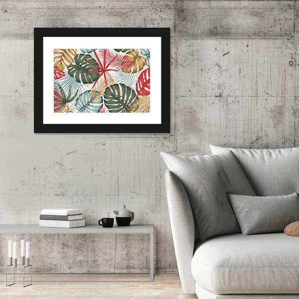 Seamless Colorful Monstera and Palm Leaves Canvas Wall Art