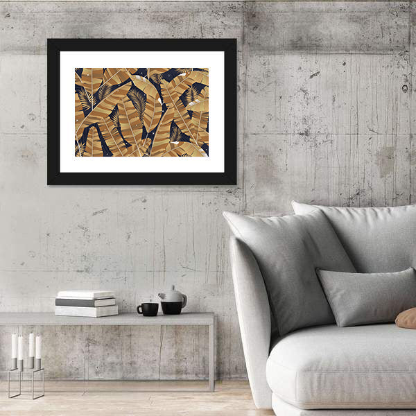 Banana Leaves Pattern in Navy and Gold Canvas Wall Art
