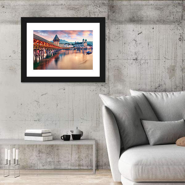 Old Wooden Chapel Bridge Kapellbrucke In Switzerland Canvas Wall Art