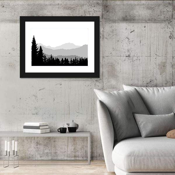 Monochrome Mountain Ranges with Pine Silhouettes Canvas Wall Art