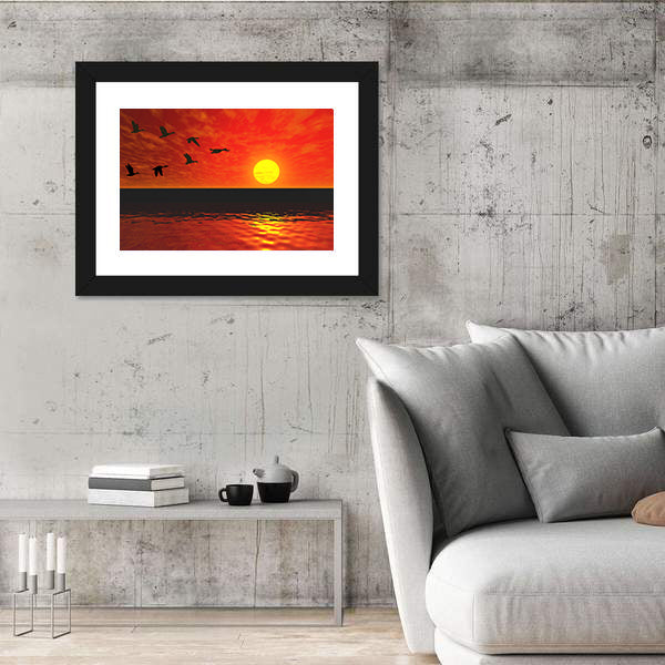 Flying Ducks At Sunset Canvas Wall Art