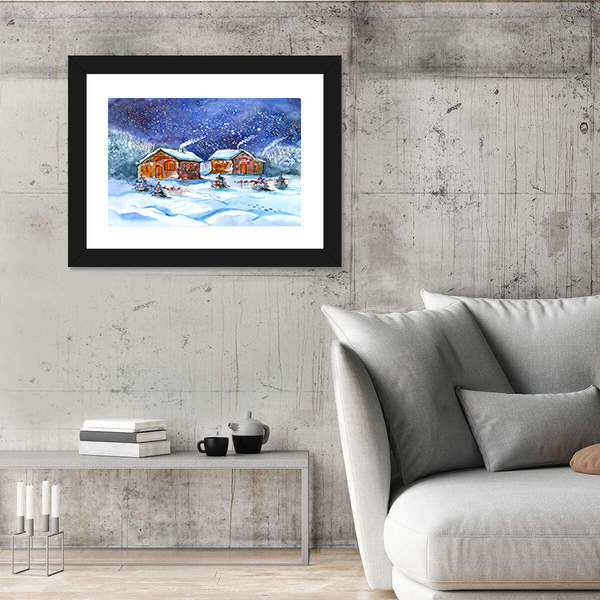 Two Winter Cottages Under Starry Night Canvas Wall Art