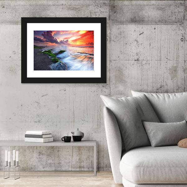 Burning Sky Over Black Sand Beach Canvas Wall Art