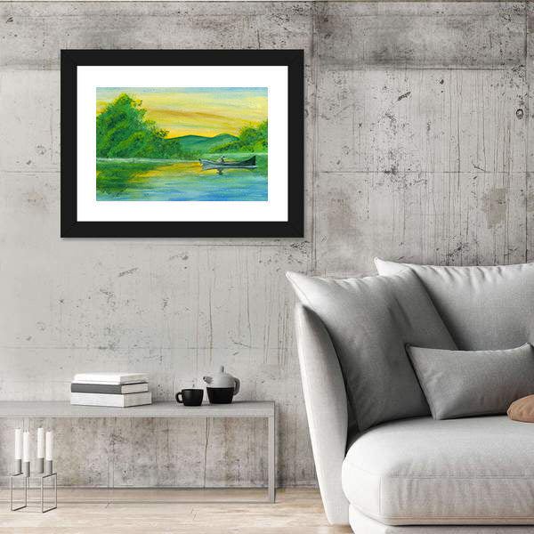 Watercolor Lake with Rowboat at Sunrise Canvas Wall Art