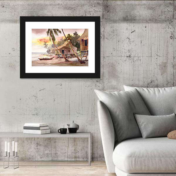 Watercolor Stilt Houses at Sunset Canvas Wall Art