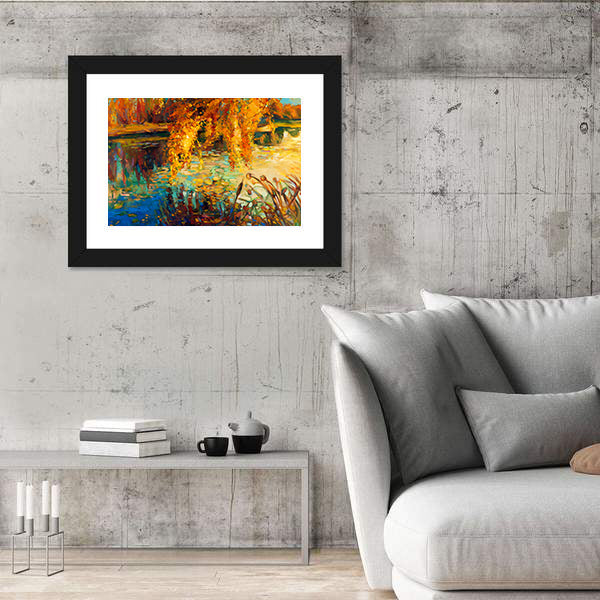 Golden Willow Over Autumn Lake Canvas Wall Art