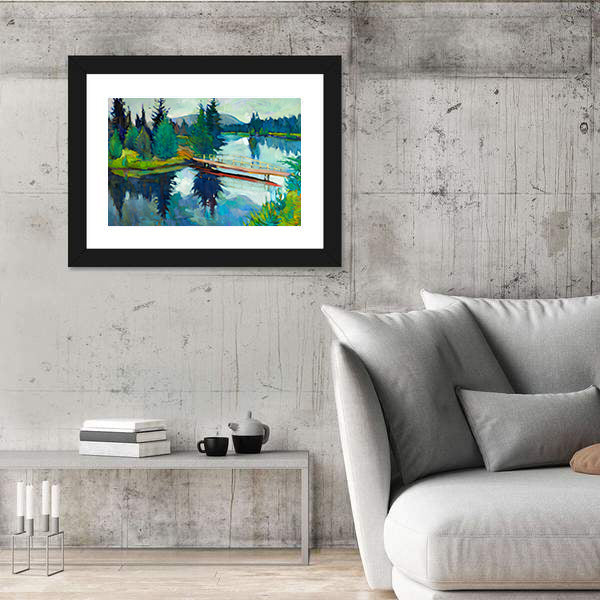 Wooden Bridge Over Reflective River Canvas Wall Art