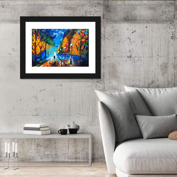 Autumn Couple Under Glowing Streetlights Canvas Wall Art