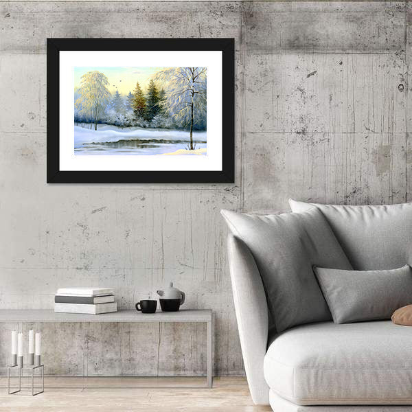 Snow-covered Forest and Frozen River Canvas Wall Art