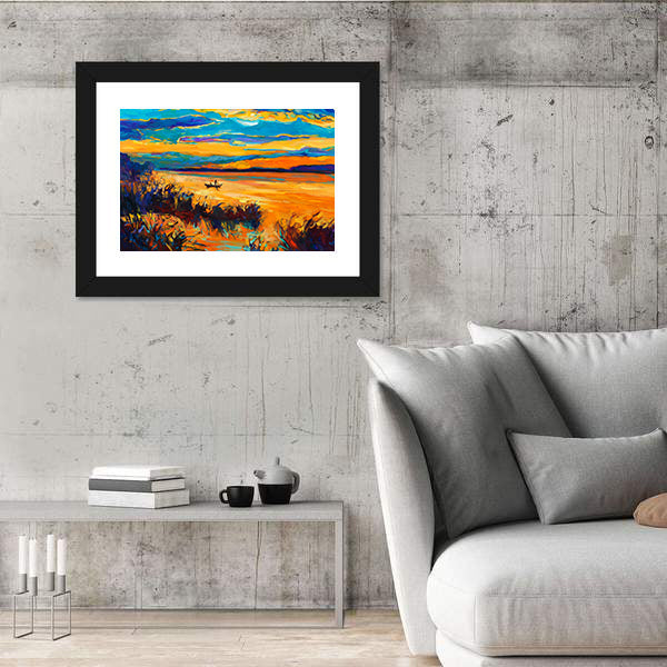Rowboat on Lake at Sunset Canvas Wall Art
