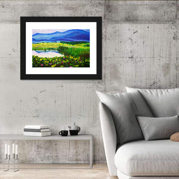 Summer Mountain Lake with Lotus Canvas Wall Art
