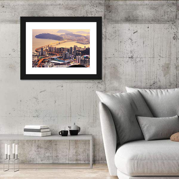 Coastal City Skyline at Golden Dusk Canvas Wall Art