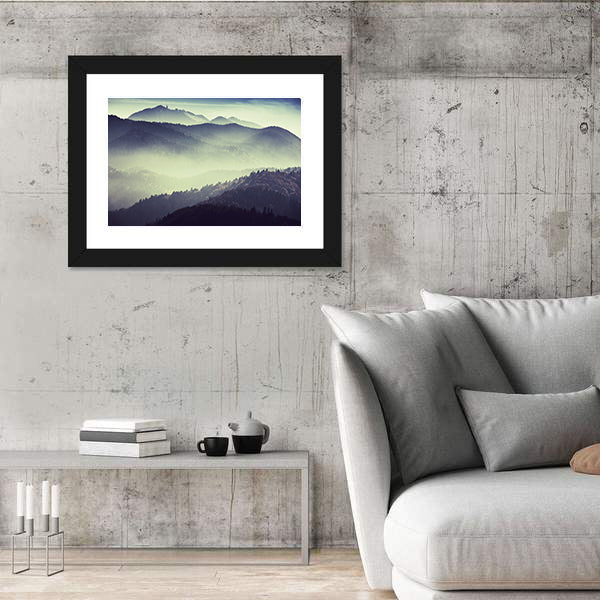 Misty Mountain Valley with Tower Silhouette Canvas Wall Art