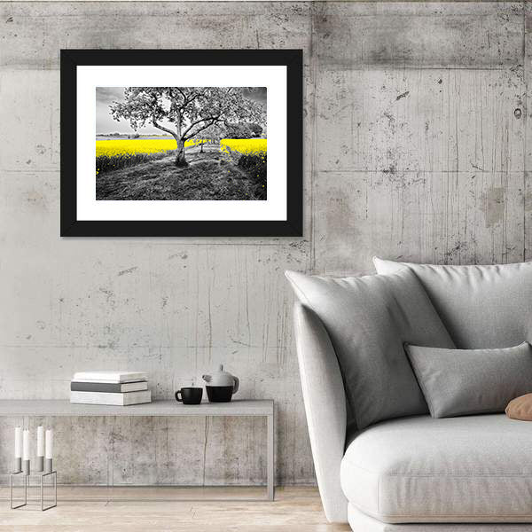 Yellow Canola Field with Large Tree and Path Canvas Wall Art