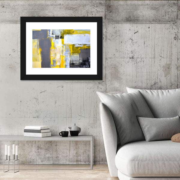 Layered Geometric Abstract with Yellow Bars Canvas Wall Art