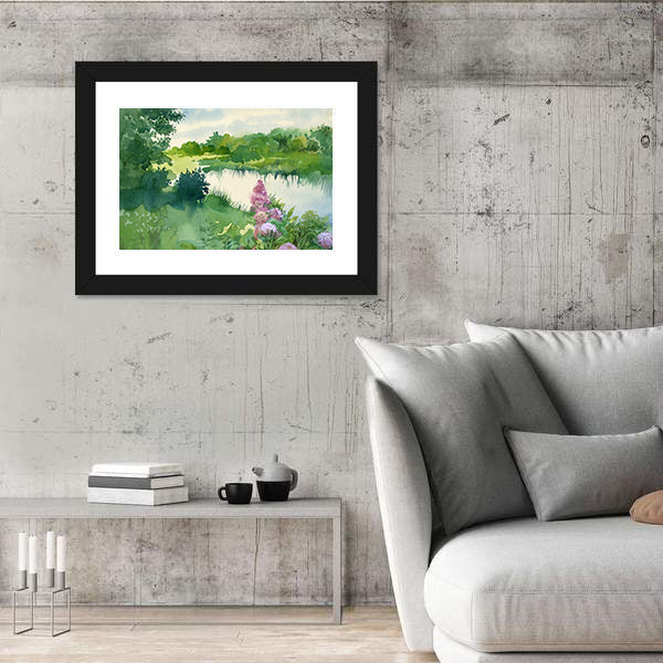 Watercolor River Landscape with Wildflowers Canvas Wall Art