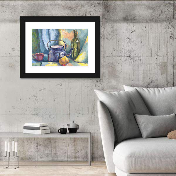Dark Blue Kettle and Lemon Still Life Canvas Wall Art