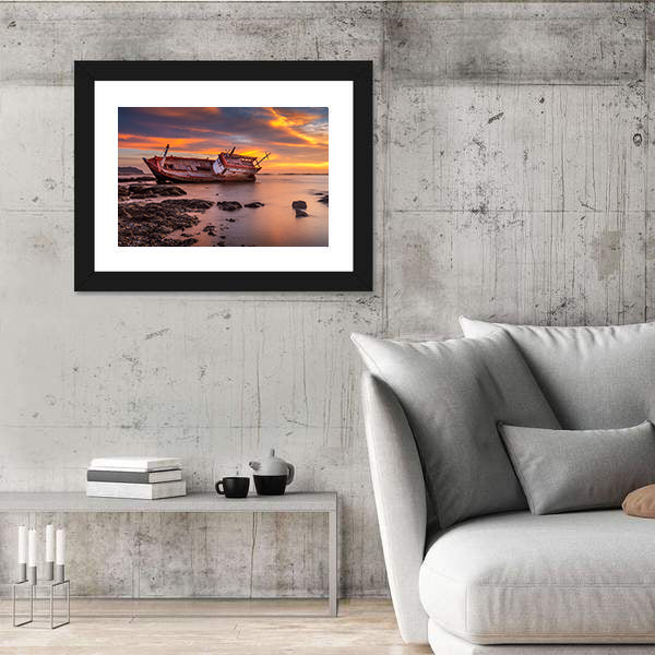 Fishing Boat Moored On Beach At Sunset Canvas Wall Art