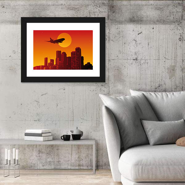 Airplane with Landing Gear Over Sunset City Canvas Wall Art