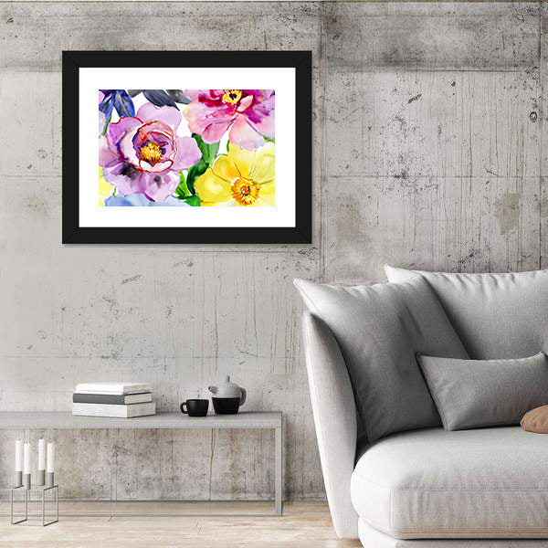 Seamless Watercolor Peonies and Poppies Canvas Wall Art