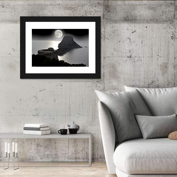 Moonlit Watchtower on Rocky Island Canvas Wall Art