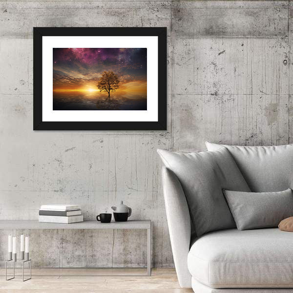 Surreal Tree Over Lake at Sunset Canvas Wall Art