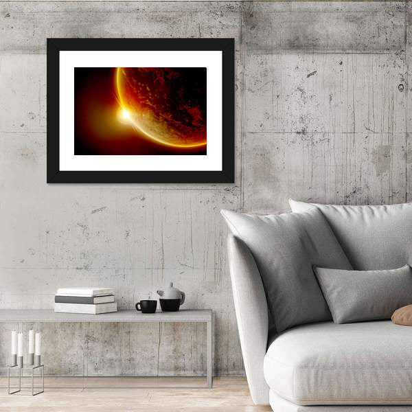Red Planet Earth In Outer Space With Sun Canvas Wall Art