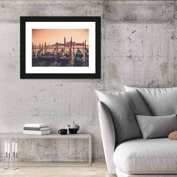 Gondolas Against Venice Panorama In Canal Canvas Wall Art