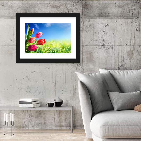 Sunny Spring Tulips in Meadow Canvas Wall Art
