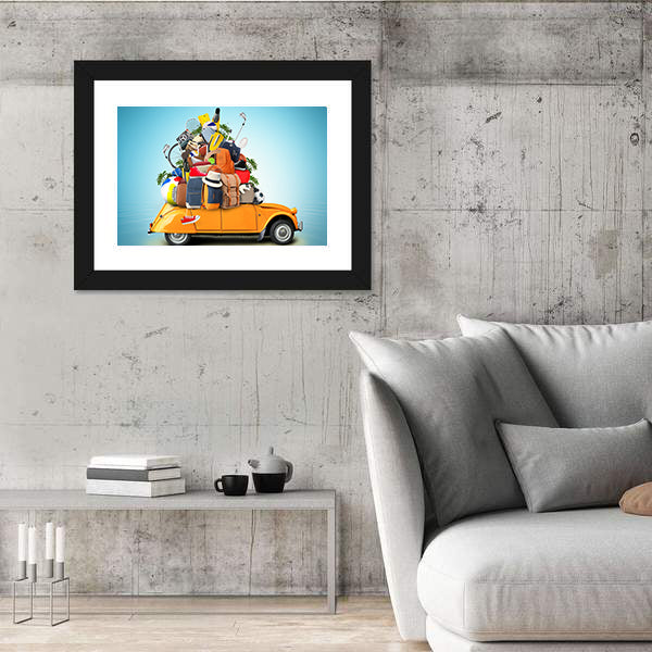 Yellow-orange 2cv with Overloaded Luggage Canvas Wall Art